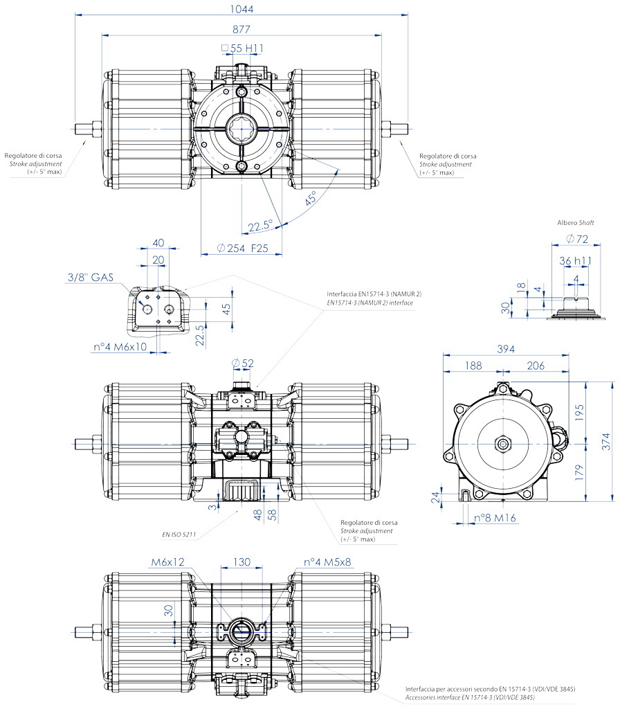 AGO - Doppeltwirkender DA aus Aluminium  - abmessungen - Doppeltwirkender pneumatischer Stellantrieb Baugröße DA 8000 (Nm)