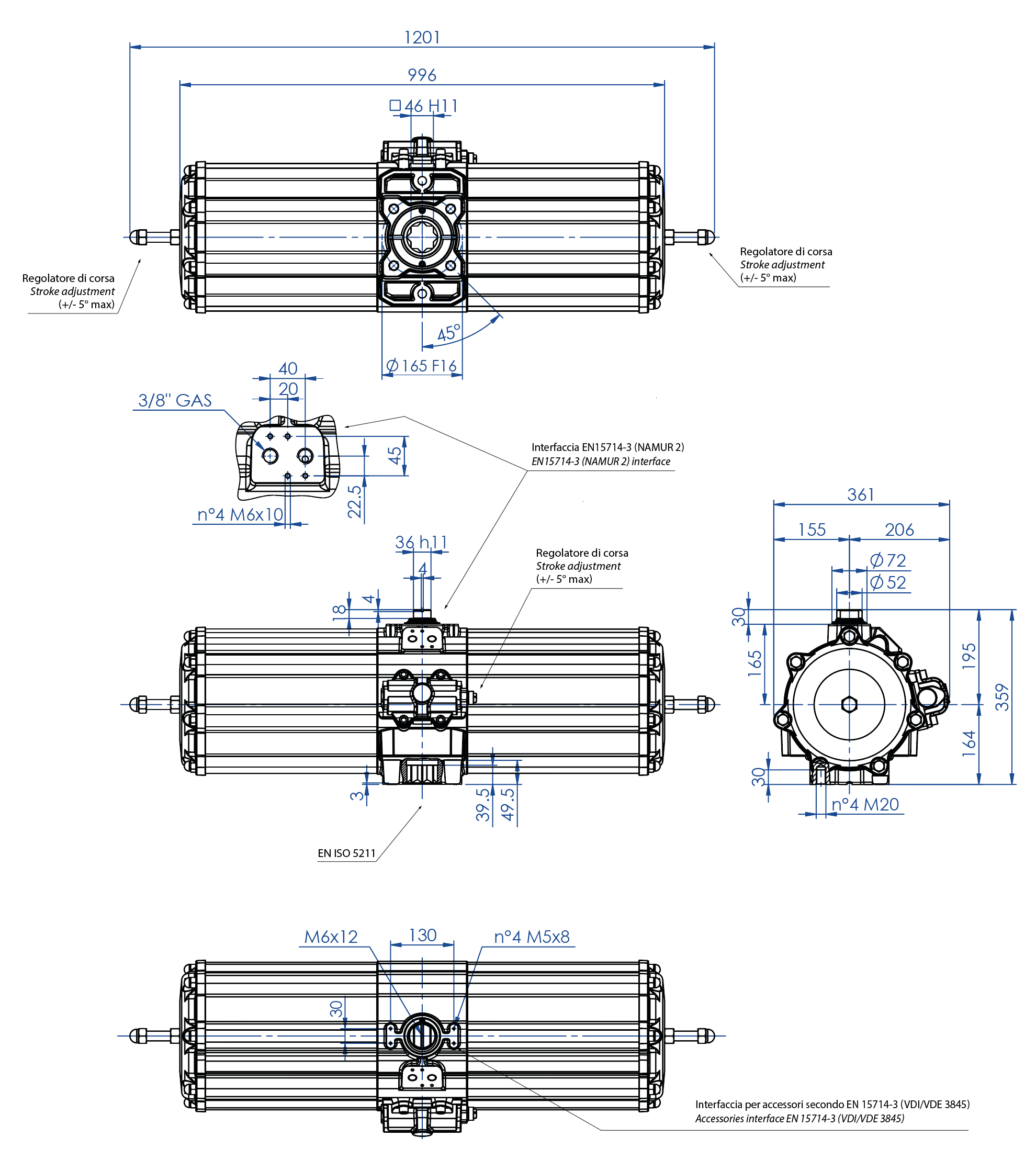 AGO - Einfachwirkender SR aus Aluminium  - abmessungen - Einfachwirkender pneumatischer Stellantrieb Baugröße SR 2880 (Nm)